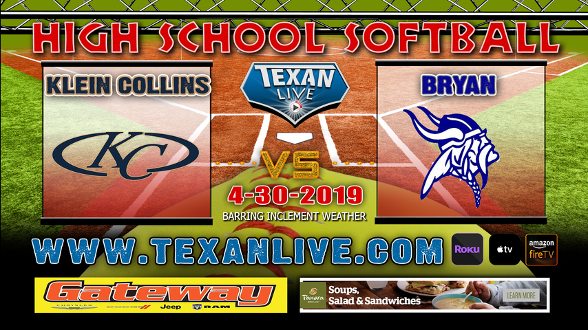 Klein Collins vs Bryan - Game One - Area Playoffs - Softball - Varsity - 6PM- 4/30/19